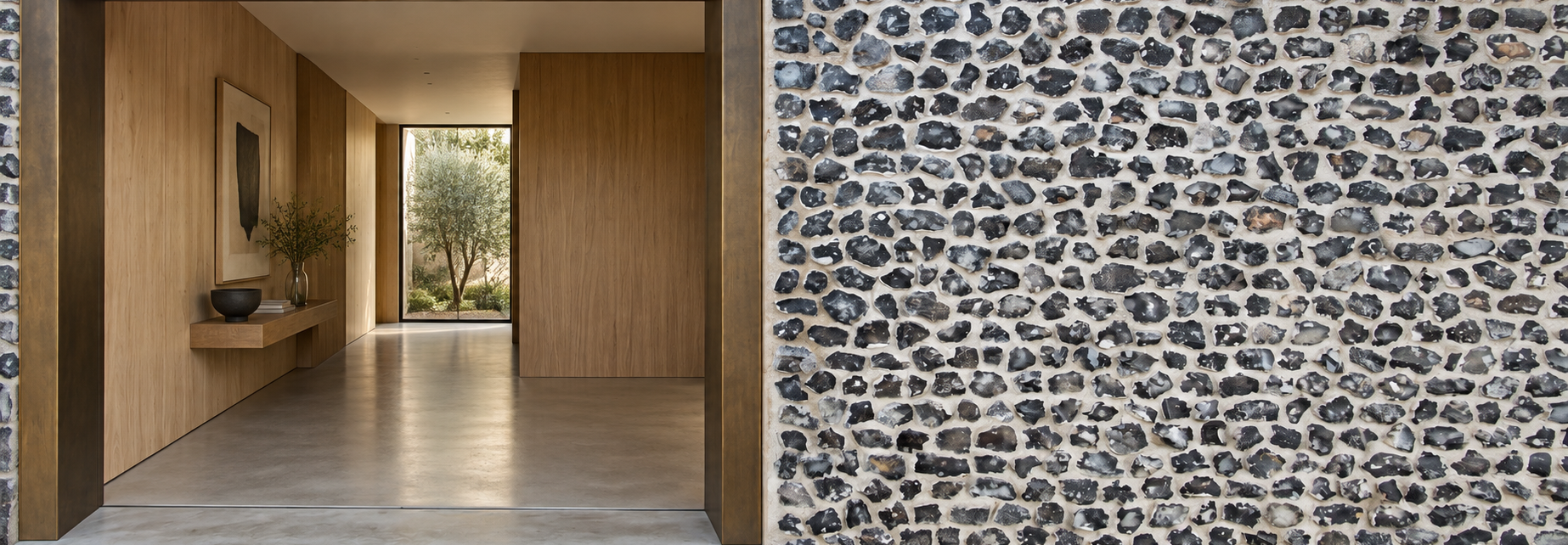 Wide view of contemporary knapped flintwork